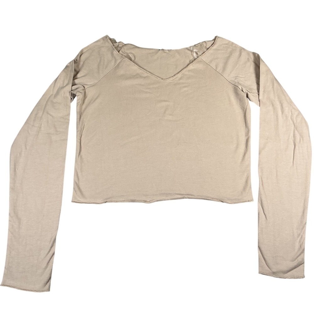 Wild‎ Fable Womens Medium Taupe Long Sleeve Crop Top V Neck Stretch NWT